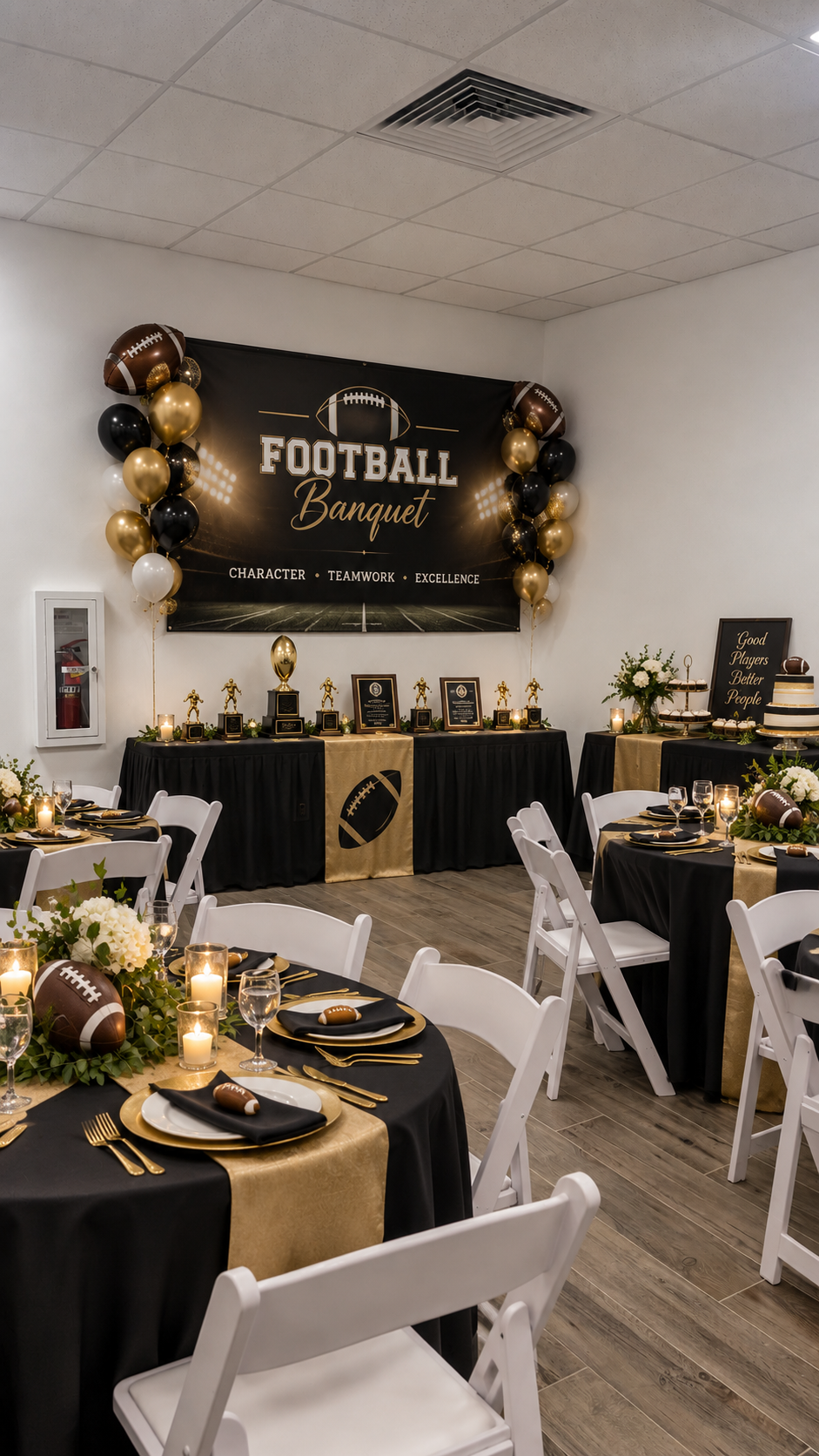 Same space dressed for a football banquet — trophy table, football centerpieces and a Character • Teamwork • Excellence banner