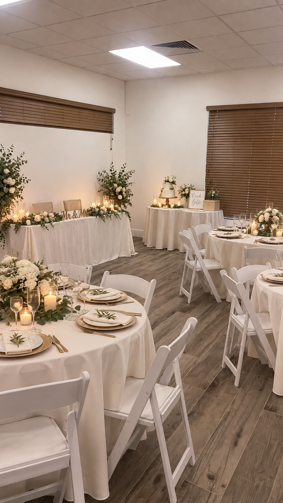 Same corner dressed for a wedding reception — head table with florals, candles and a Mr & Mrs sign by the window blinds